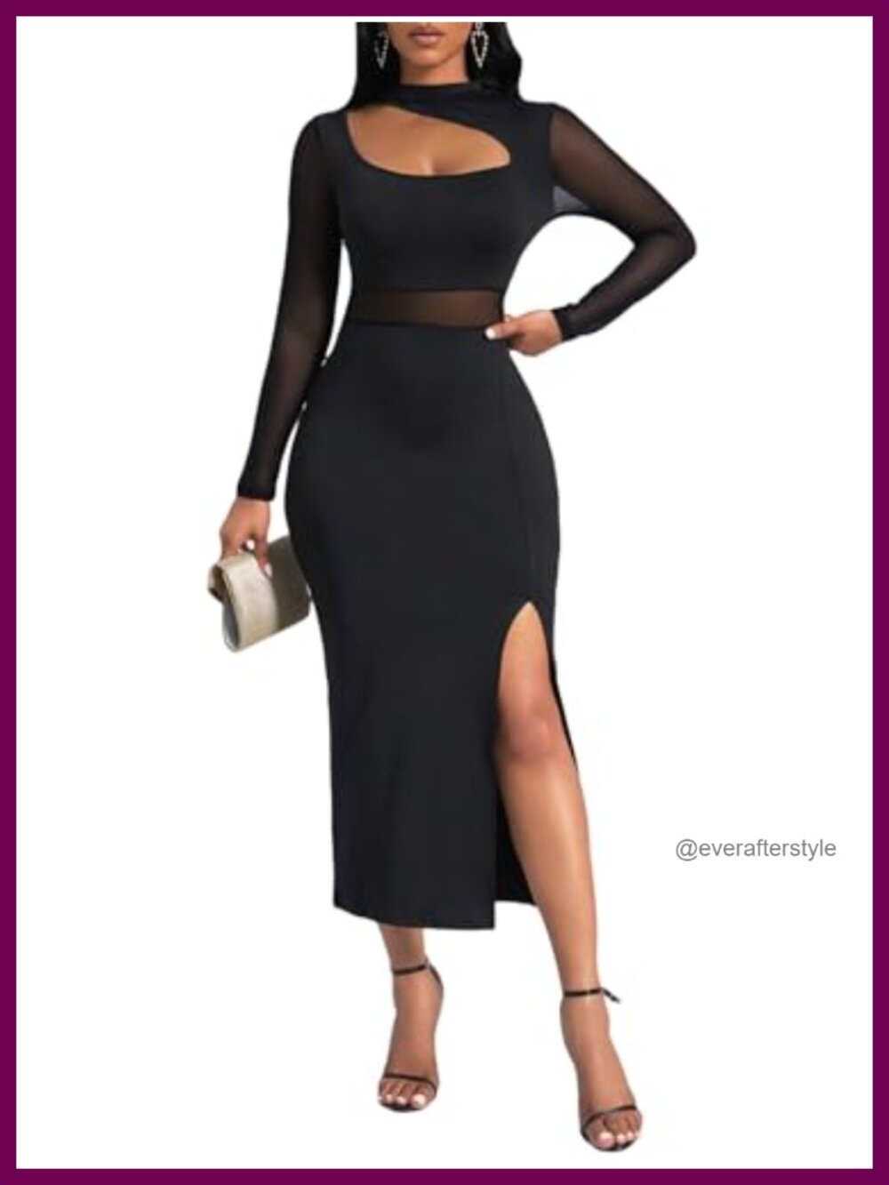 Women's Mock Neck Mesh Cutout Long Sleeve Bodycon Midi Dress with High Slit
